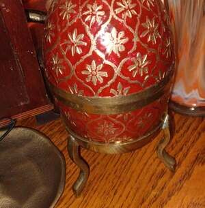 Vintage Hand Painted Brass and Red Enamel Cloisonné Egg Trinket Box with Stand